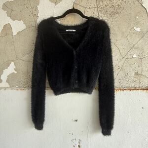 Fuzzy Cropped Cardigan Button Front Soft Knit Black V Neck Cozy Layering Sweater